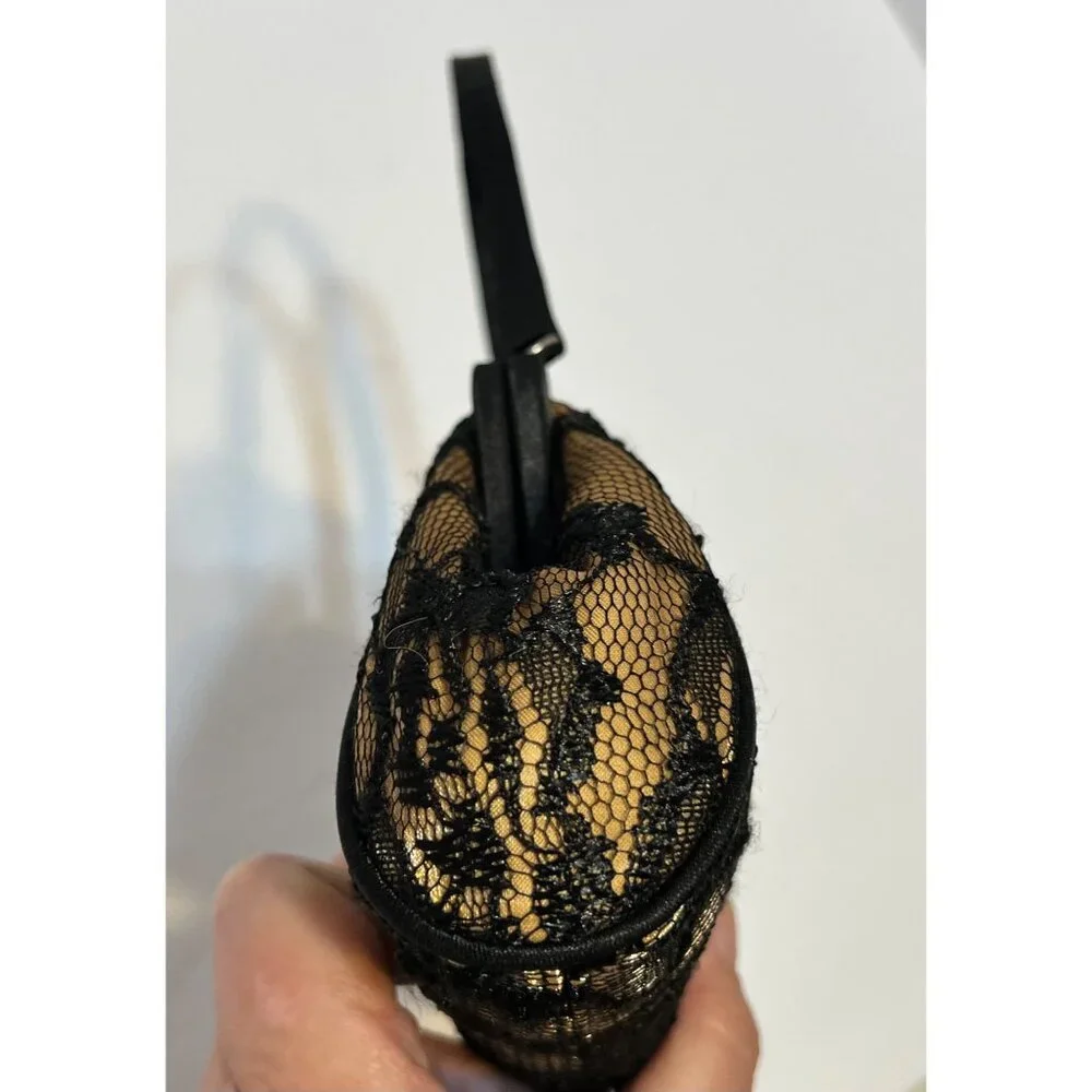 VTG Black Lace Overlay Gold Evening Clutch Handbag Elegant Metallic Kiss Clasp - Picture 7 of 16